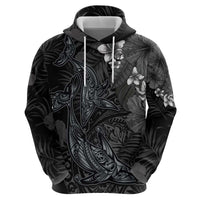 Hawaiian Tropical Plants and Tribal Whales Hoodie Polynesian Art Tattoo Grayscale