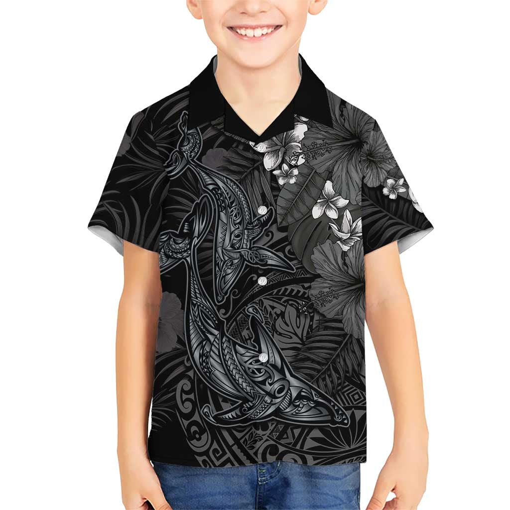 Hawaiian Tropical Plants and Tribal Whales Kid Hawaiian Shirt Polynesian Art Tattoo Grayscale LT03 Kid Black - Polynesian Pride