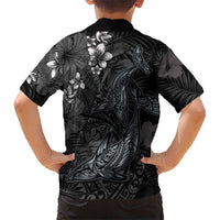 Hawaiian Tropical Plants and Tribal Whales Kid Hawaiian Shirt Polynesian Art Tattoo Grayscale LT03 - Polynesian Pride