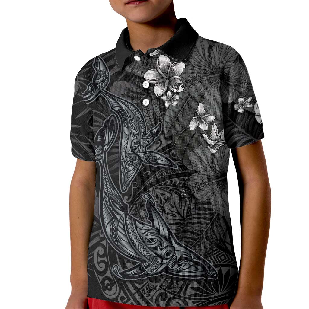 Hawaiian Tropical Plants and Tribal Whales Kid Polo Shirt Polynesian Art Tattoo Grayscale LT03 Kid Black - Polynesian Pride