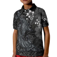Hawaiian Tropical Plants and Tribal Whales Kid Polo Shirt Polynesian Art Tattoo Grayscale LT03 Kid Black - Polynesian Pride