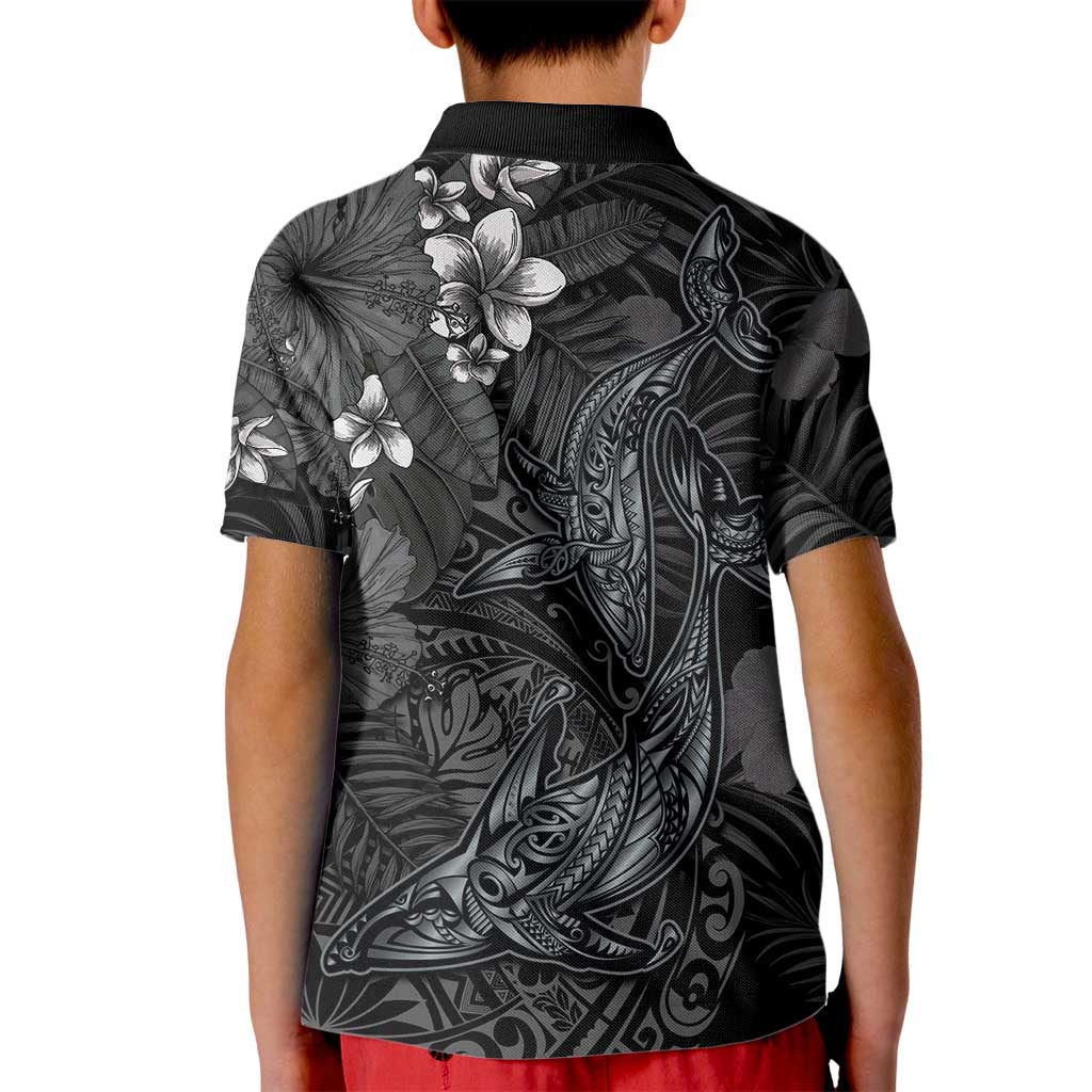 Hawaiian Tropical Plants and Tribal Whales Kid Polo Shirt Polynesian Art Tattoo Grayscale LT03 - Polynesian Pride