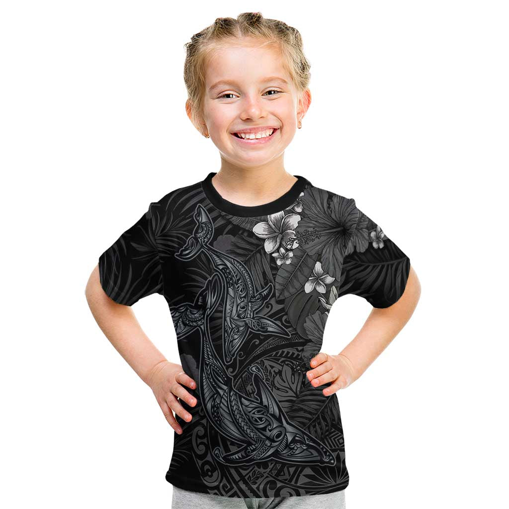 Hawaiian Tropical Plants and Tribal Whales Kid T Shirt Polynesian Art Tattoo Grayscale LT03 Black - Polynesian Pride