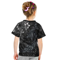 Hawaiian Tropical Plants and Tribal Whales Kid T Shirt Polynesian Art Tattoo Grayscale LT03 - Polynesian Pride