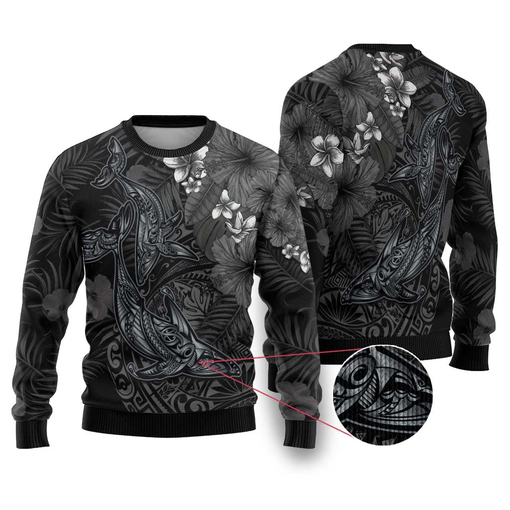 Hawaiian Tropical Plants and Tribal Whales Ugly Christmas Sweater Polynesian Art Tattoo Grayscale