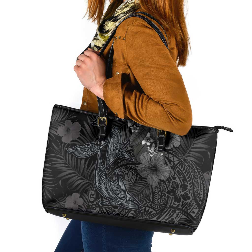 Hawaiian Tropical Plants and Tribal Whales Leather Tote Bag Polynesian Art Tattoo Grayscale