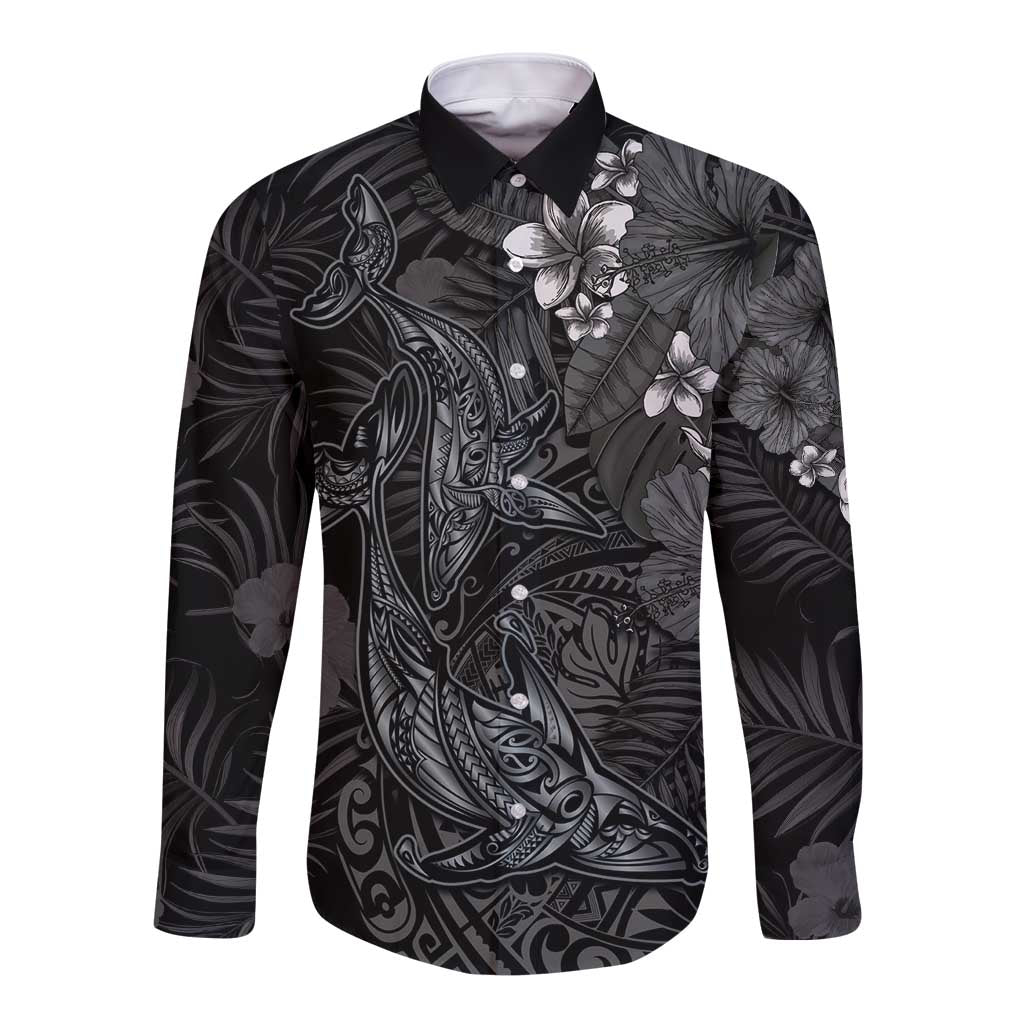 Hawaiian Tropical Plants and Tribal Whales Long Sleeve Button Shirt Polynesian Art Tattoo Grayscale LT03 Unisex Black - Polynesian Pride
