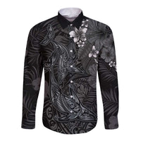 Hawaiian Tropical Plants and Tribal Whales Long Sleeve Button Shirt Polynesian Art Tattoo Grayscale LT03 Unisex Black - Polynesian Pride