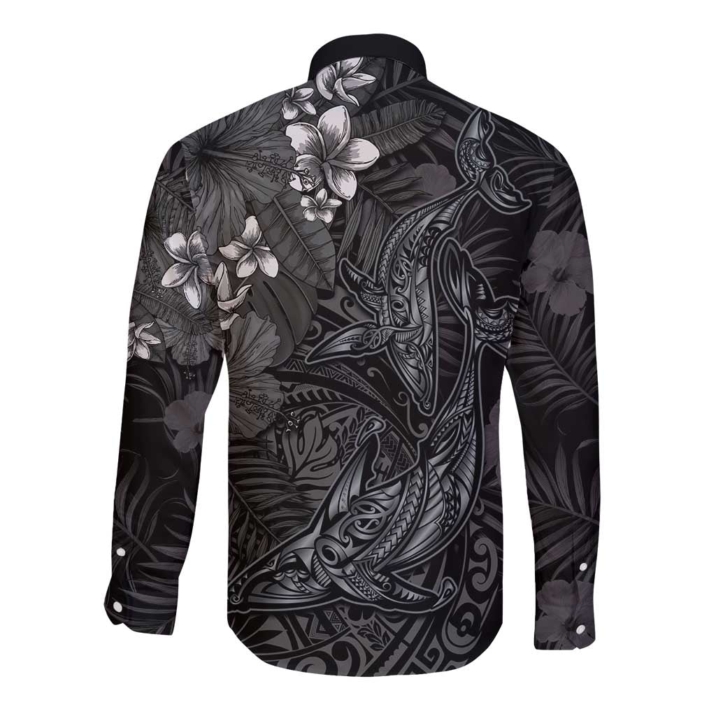 Hawaiian Tropical Plants and Tribal Whales Long Sleeve Button Shirt Polynesian Art Tattoo Grayscale LT03 - Polynesian Pride