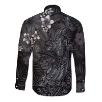 Hawaiian Tropical Plants and Tribal Whales Long Sleeve Button Shirt Polynesian Art Tattoo Grayscale LT03 - Polynesian Pride