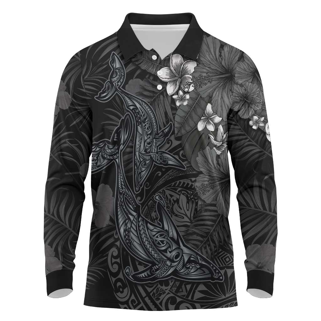 Hawaiian Tropical Plants and Tribal Whales Long Sleeve Polo Shirt Polynesian Art Tattoo Grayscale