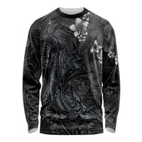 Hawaiian Tropical Plants and Tribal Whales Long Sleeve Shirt Polynesian Art Tattoo Grayscale