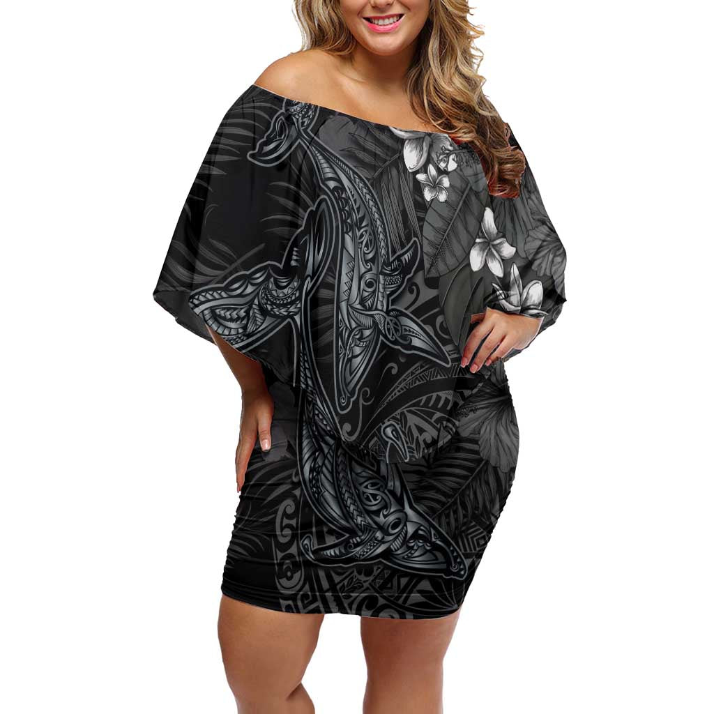 Hawaiian Tropical Plants and Tribal Whales Off Shoulder Short Dress Polynesian Art Tattoo Grayscale