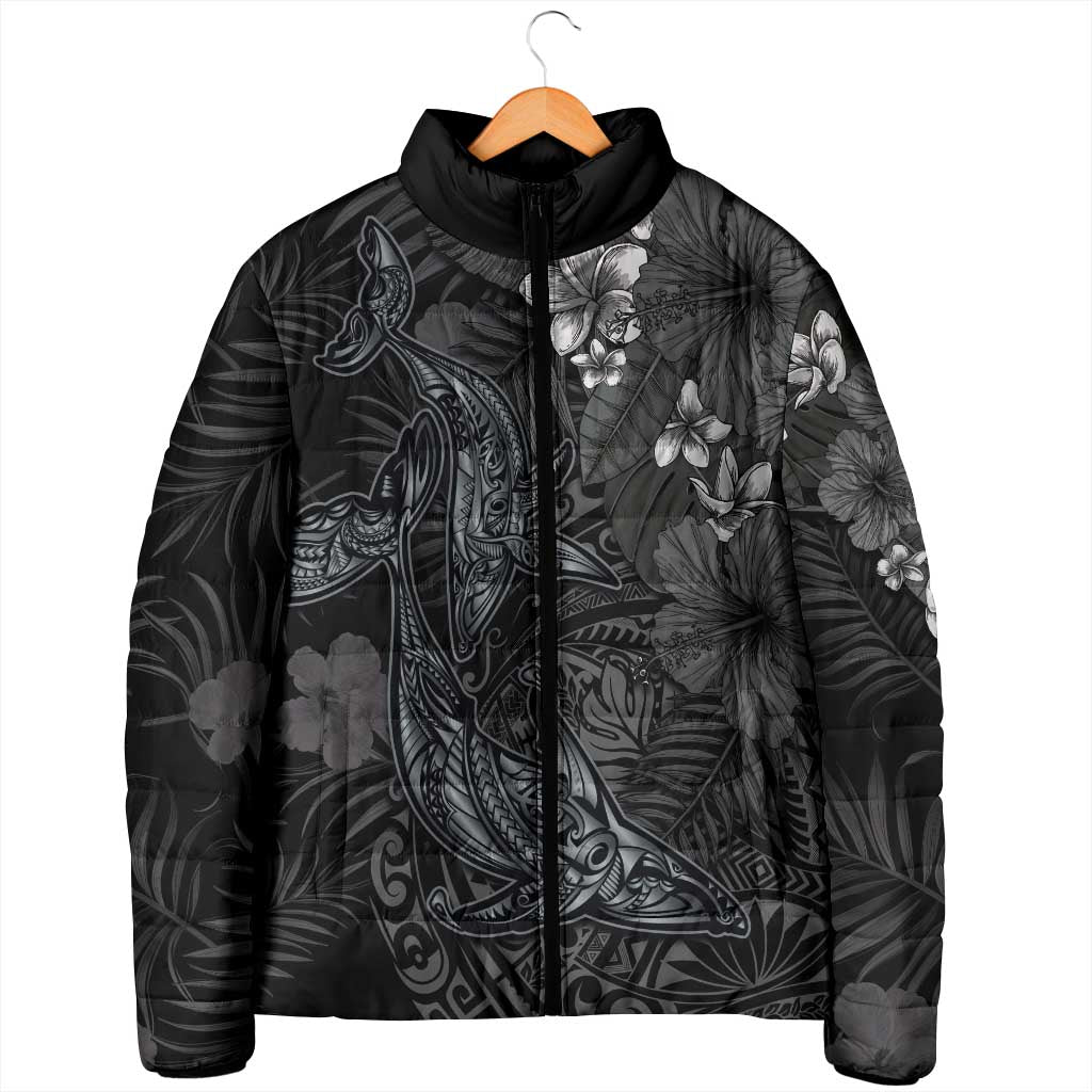 Hawaiian Tropical Plants and Tribal Whales Padded Jacket Polynesian Art Tattoo Grayscale