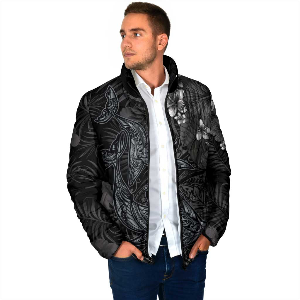 Hawaiian Tropical Plants and Tribal Whales Padded Jacket Polynesian Art Tattoo Grayscale