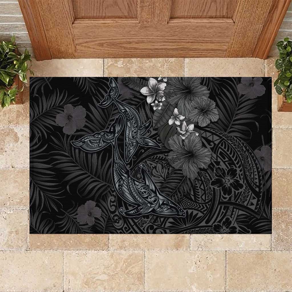 Hawaiian Tropical Plants and Tribal Whales Rubber Doormat Polynesian Art Tattoo Grayscale