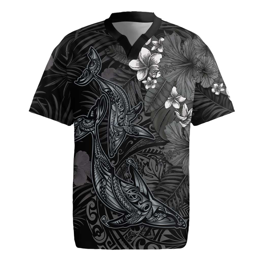 Hawaiian Tropical Plants and Tribal Whales Rugby Jersey Polynesian Art Tattoo Grayscale