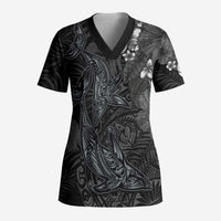 Hawaiian Tropical Plants and Tribal Whales Scrub Top Polynesian Art Tattoo Grayscale