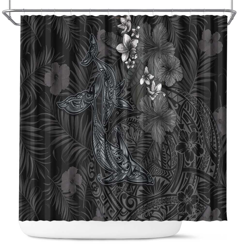 Hawaiian Tropical Plants and Tribal Whales Shower Curtain Polynesian Art Tattoo Grayscale