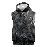 Hawaiian Tropical Plants and Tribal Whales Sleeveless Hoodie Polynesian Art Tattoo Grayscale LT03 Black - Polynesian Pride
