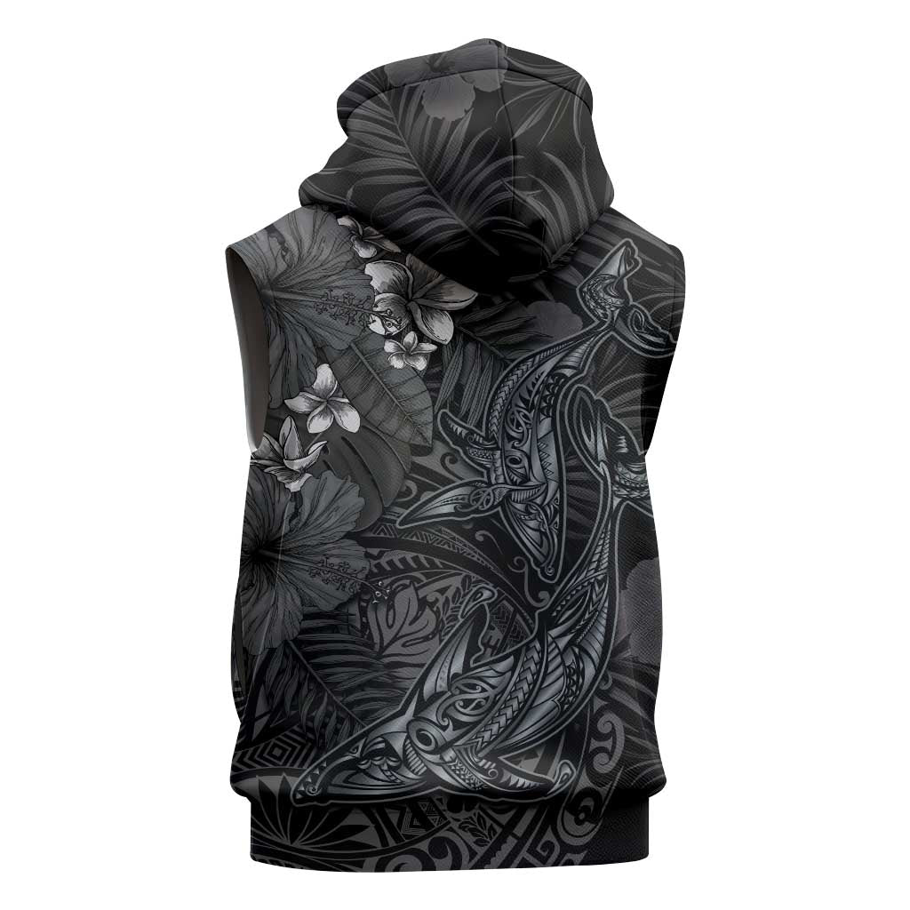 Hawaiian Tropical Plants and Tribal Whales Sleeveless Hoodie Polynesian Art Tattoo Grayscale LT03 - Polynesian Pride