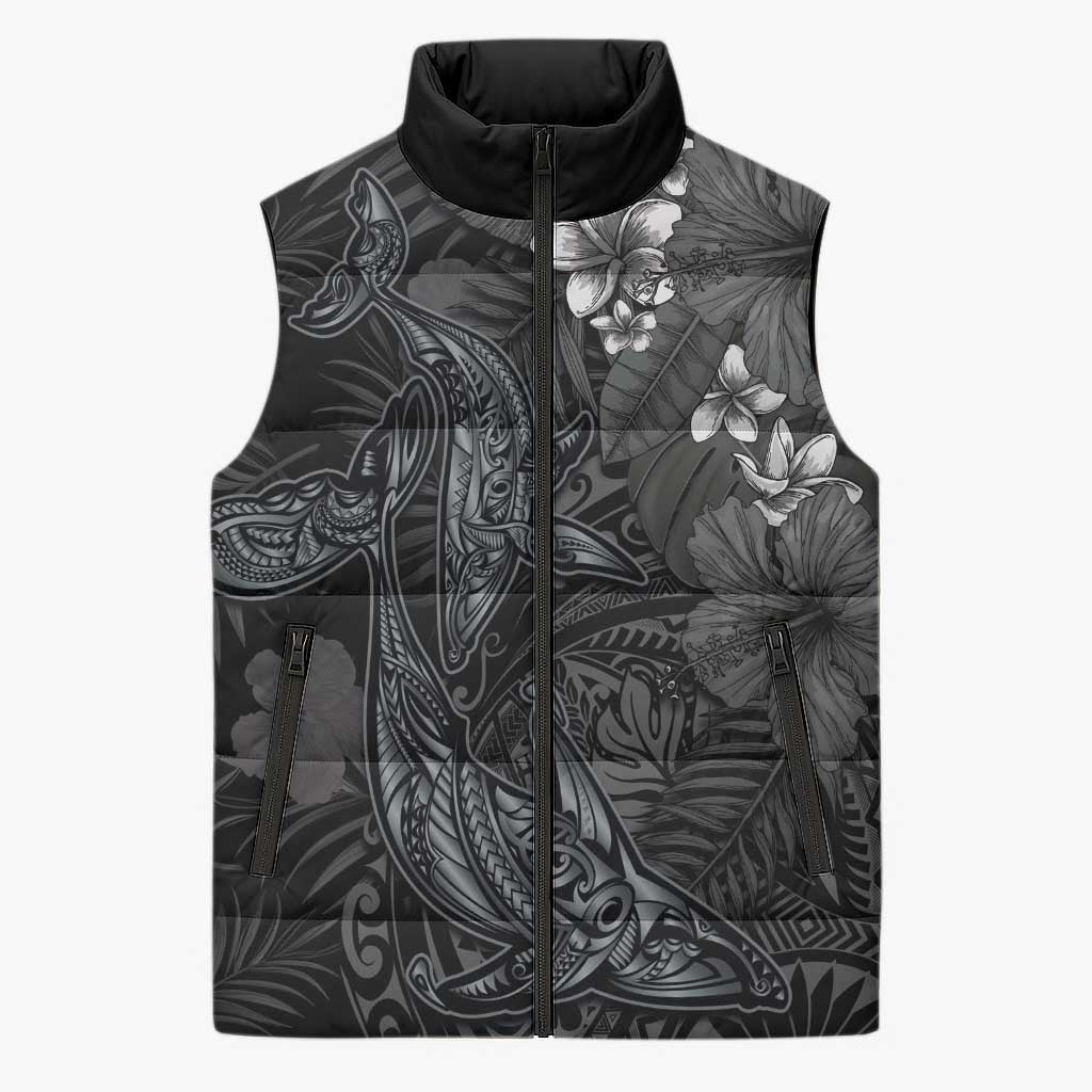 Hawaiian Tropical Plants and Tribal Whales Sleeveless Puffer Jacket Polynesian Art Tattoo Grayscale