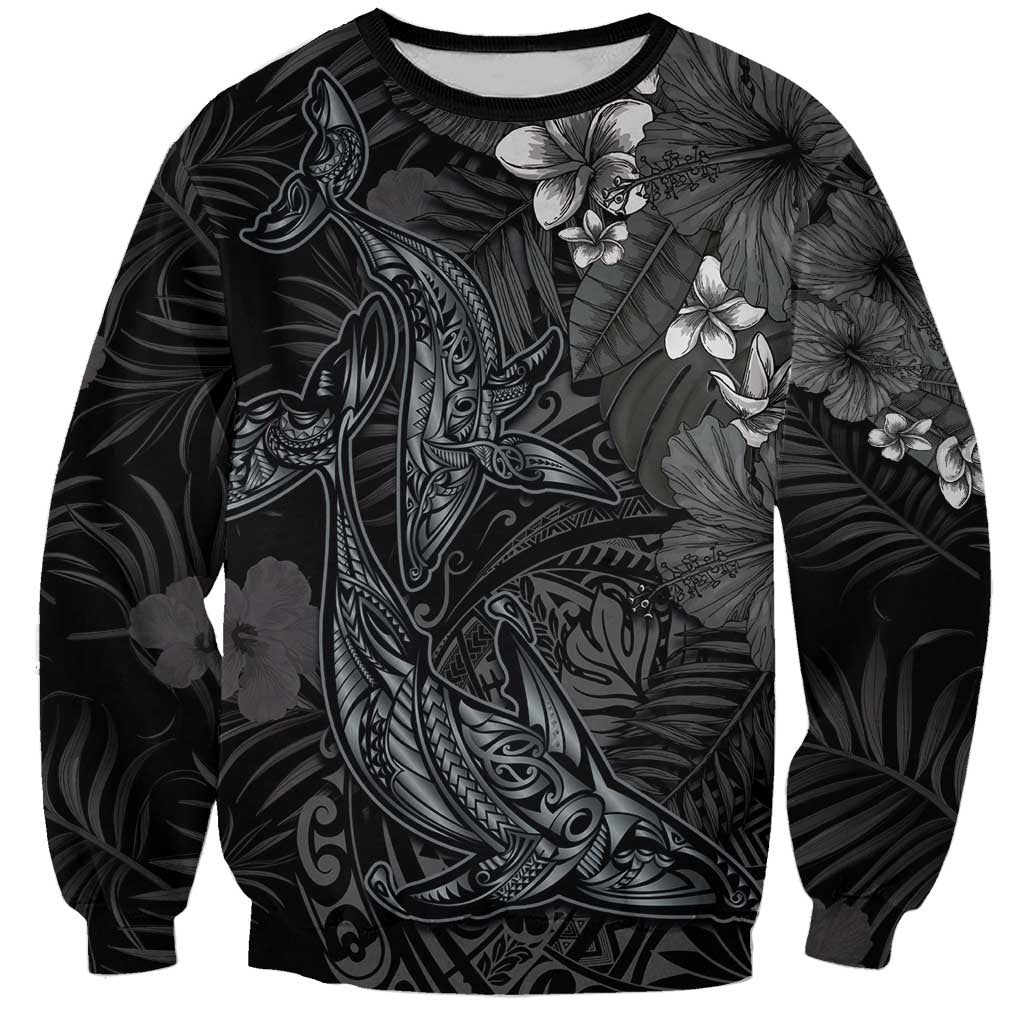 Hawaiian Tropical Plants and Tribal Whales Sweatshirt Polynesian Art Tattoo Grayscale