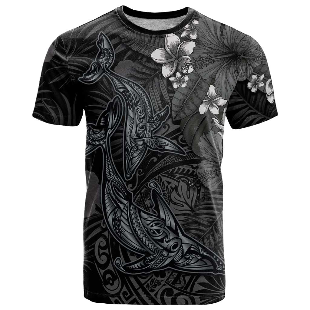 Hawaiian Tropical Plants and Tribal Whales T Shirt Polynesian Art Tattoo Grayscale