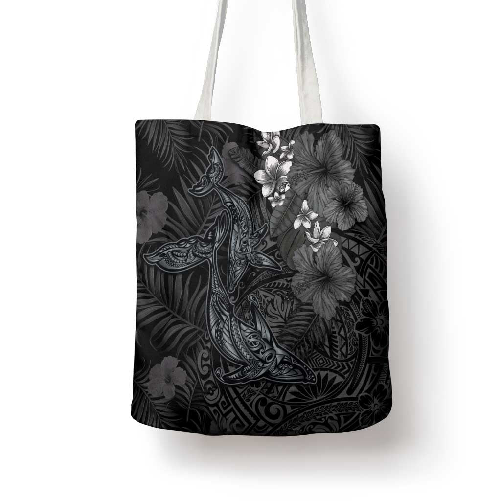 Hawaiian Tropical Plants and Tribal Whales Tote Bag Polynesian Art Tattoo Grayscale