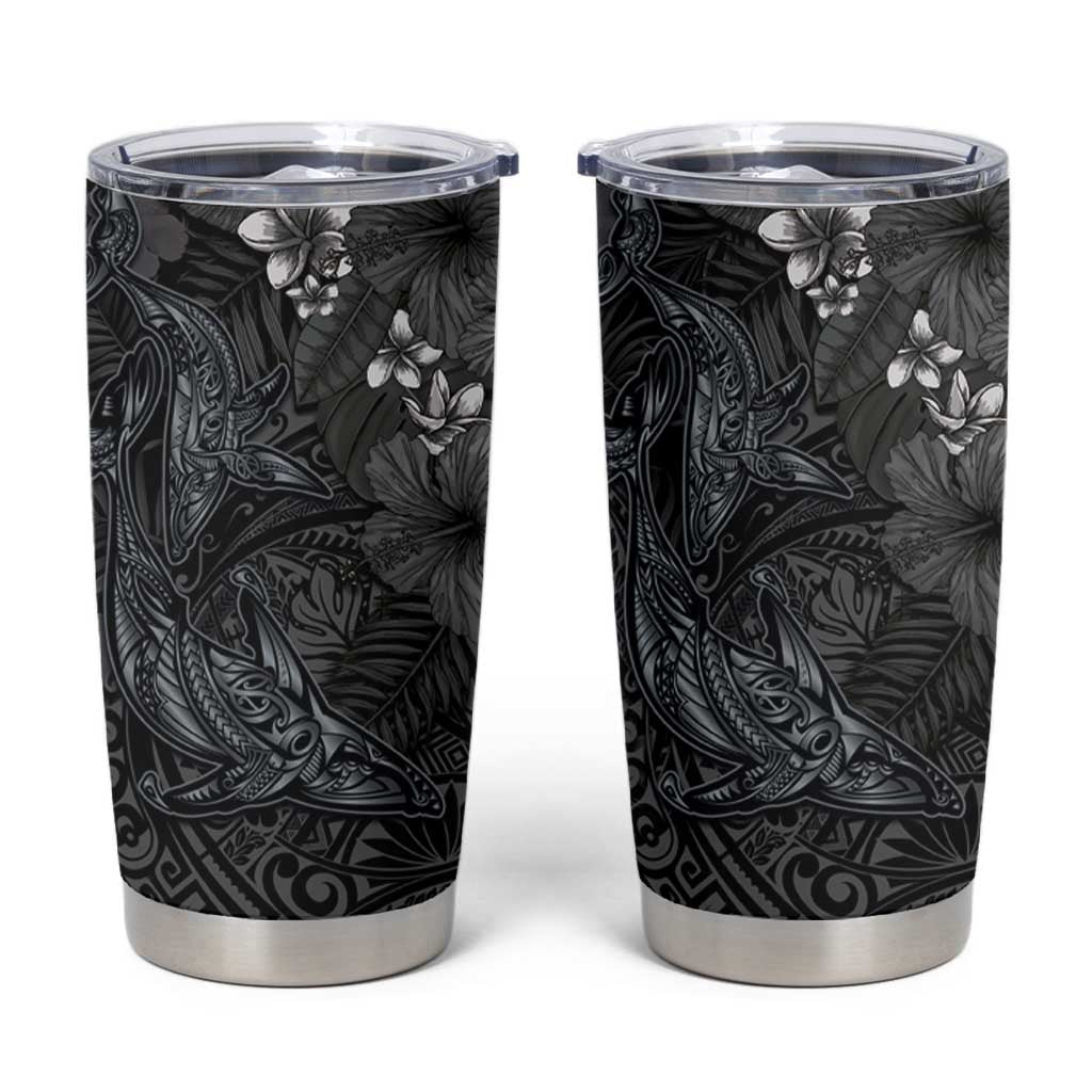 Hawaiian Tropical Plants and Tribal Whales Tumbler Cup Polynesian Art Tattoo Grayscale