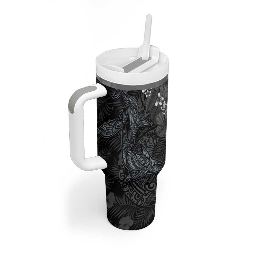 Hawaiian Tropical Plants and Tribal Whales Tumbler With Handle Polynesian Art Tattoo Grayscale