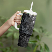 Hawaiian Tropical Plants and Tribal Whales Tumbler With Handle Polynesian Art Tattoo Grayscale