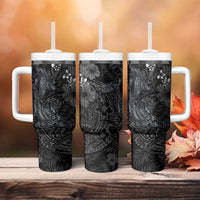 Hawaiian Tropical Plants and Tribal Whales Tumbler With Handle Polynesian Art Tattoo Grayscale