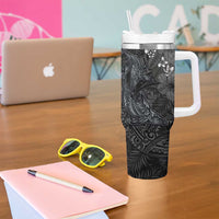 Hawaiian Tropical Plants and Tribal Whales Tumbler With Handle Polynesian Art Tattoo Grayscale