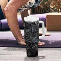 Hawaiian Tropical Plants and Tribal Whales Tumbler With Handle Polynesian Art Tattoo Grayscale