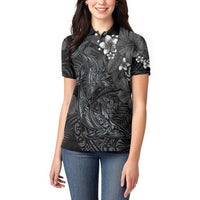 Hawaiian Tropical Plants and Tribal Whales Women Polo Shirt Polynesian Art Tattoo Grayscale