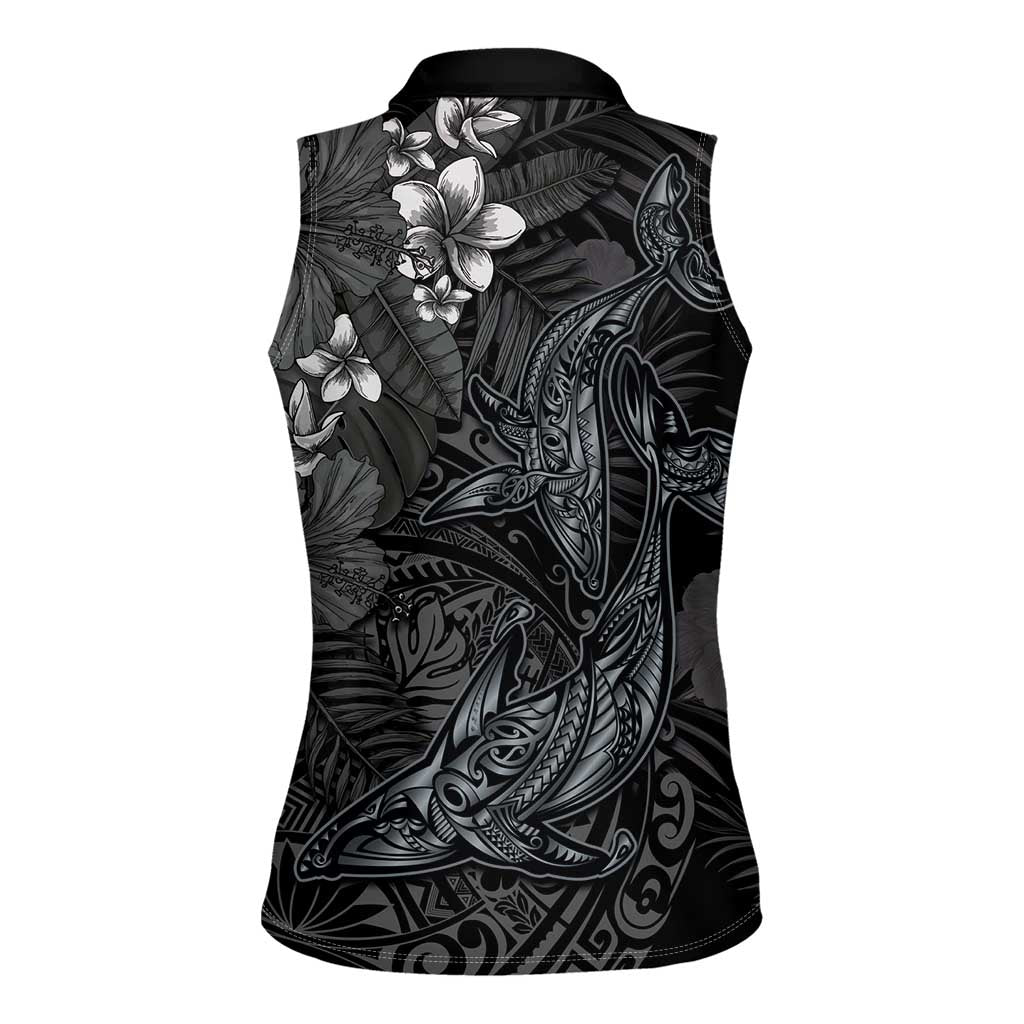 Hawaiian Tropical Plants and Tribal Whales Women Sleeveless Polo Shirt Polynesian Art Tattoo Grayscale