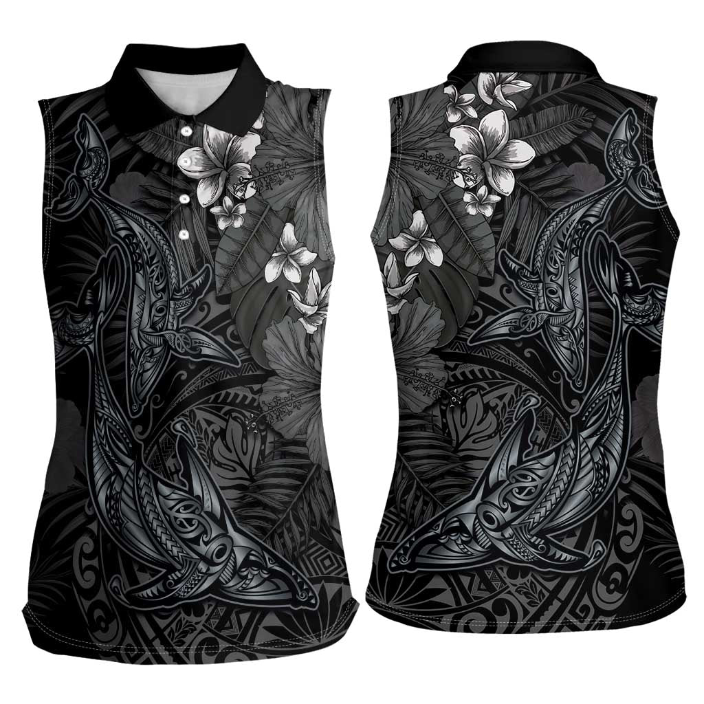 Hawaiian Tropical Plants and Tribal Whales Women Sleeveless Polo Shirt Polynesian Art Tattoo Grayscale