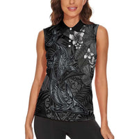 Hawaiian Tropical Plants and Tribal Whales Women Sleeveless Polo Shirt Polynesian Art Tattoo Grayscale