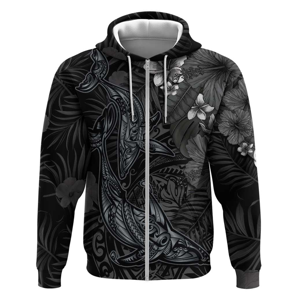Hawaiian Tropical Plants and Tribal Whales Zip Hoodie Polynesian Art Tattoo Grayscale