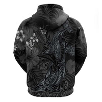 Hawaiian Tropical Plants and Tribal Whales Zip Hoodie Polynesian Art Tattoo Grayscale