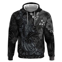Hawaiian Tropical Plants and Tribal Whales Zip Hoodie Polynesian Art Tattoo Grayscale