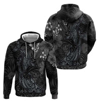 Hawaiian Tropical Plants and Tribal Whales Zip Hoodie Polynesian Art Tattoo Grayscale