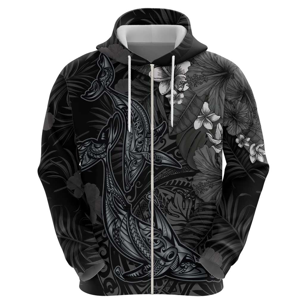 Hawaiian Tropical Plants and Tribal Whales Zip Hoodie Polynesian Art Tattoo Grayscale