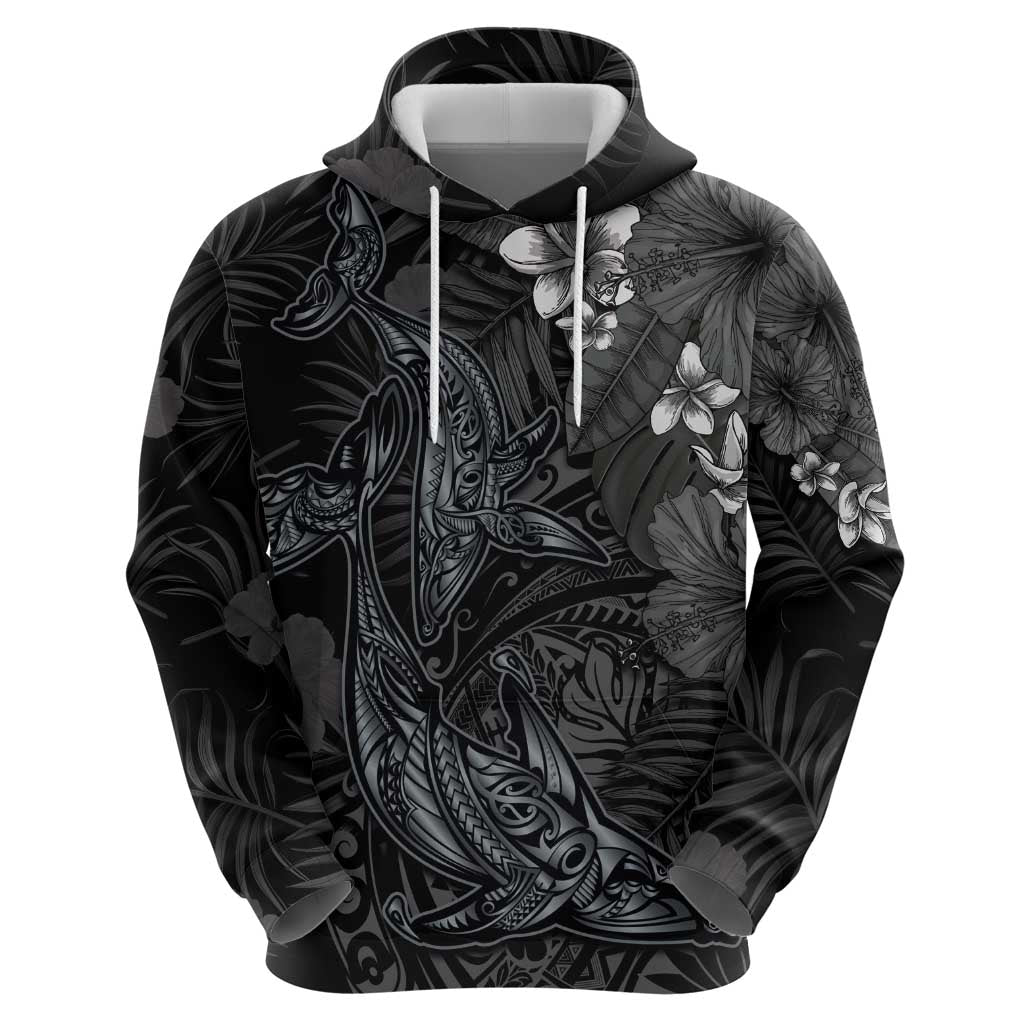 Hawaiian Tropical Plants and Tribal Whales Zip Hoodie Polynesian Art Tattoo Grayscale