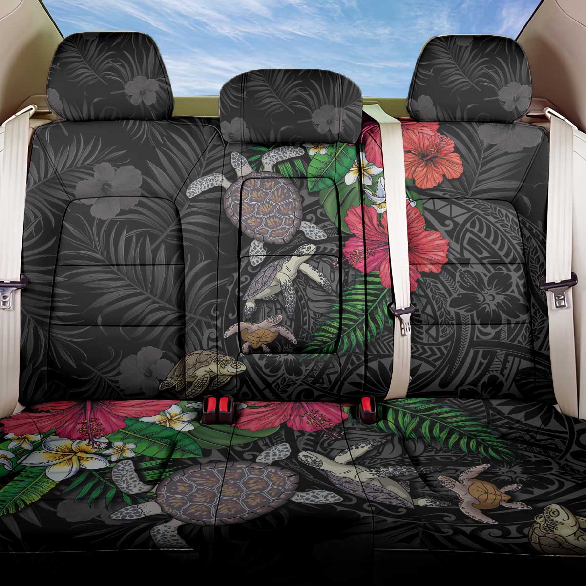 Hawaiian Tropical Plants and Turtles Back Car Seat Cover Polynesian Art Motifs