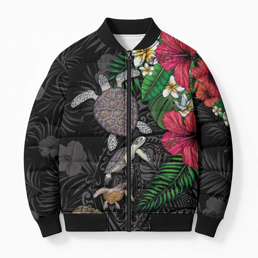 Hawaiian Tropical Plants and Turtles Bomber Puffer Jacket Polynesian Art Motifs