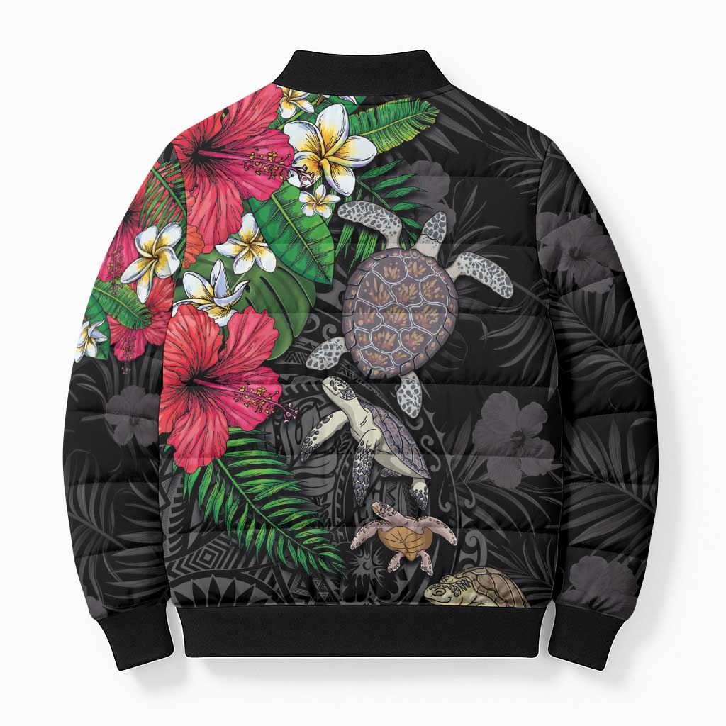 Hawaiian Tropical Plants and Turtles Bomber Puffer Jacket Polynesian Art Motifs