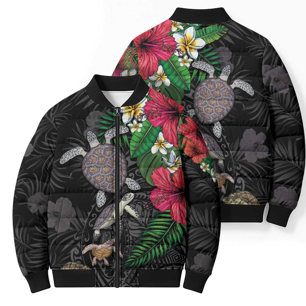 Hawaiian Tropical Plants and Turtles Bomber Puffer Jacket Polynesian Art Motifs