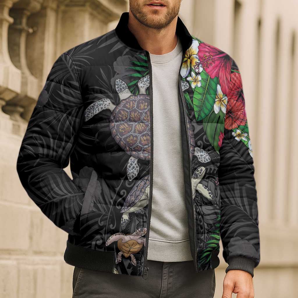 Hawaiian Tropical Plants and Turtles Bomber Puffer Jacket Polynesian Art Motifs